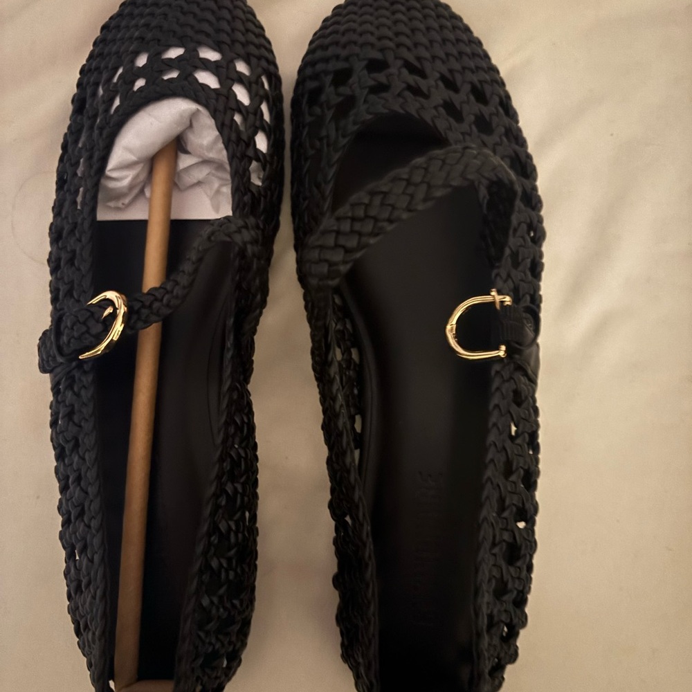 Windsor Black Woven Mary Jane Flats with Gold Buckle